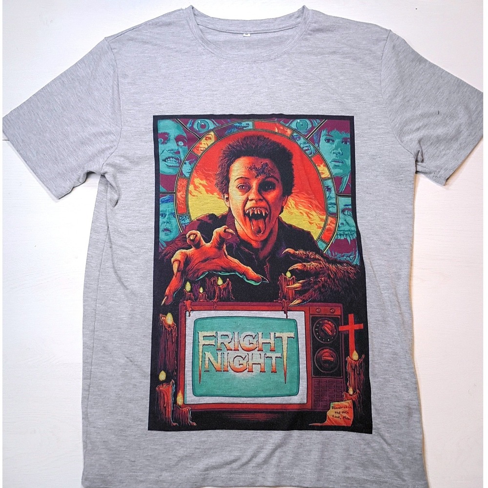 Fright Night 1985 Horror Movie Graphic T-Shirt Mens Medium Gray Short Sleeve Tee